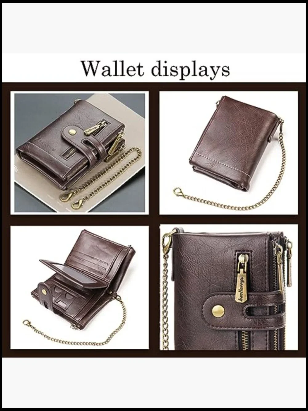 Bi-Fold Wallet with Chain RFID Blocking Faux Leather Men's Zipper Coin Purse